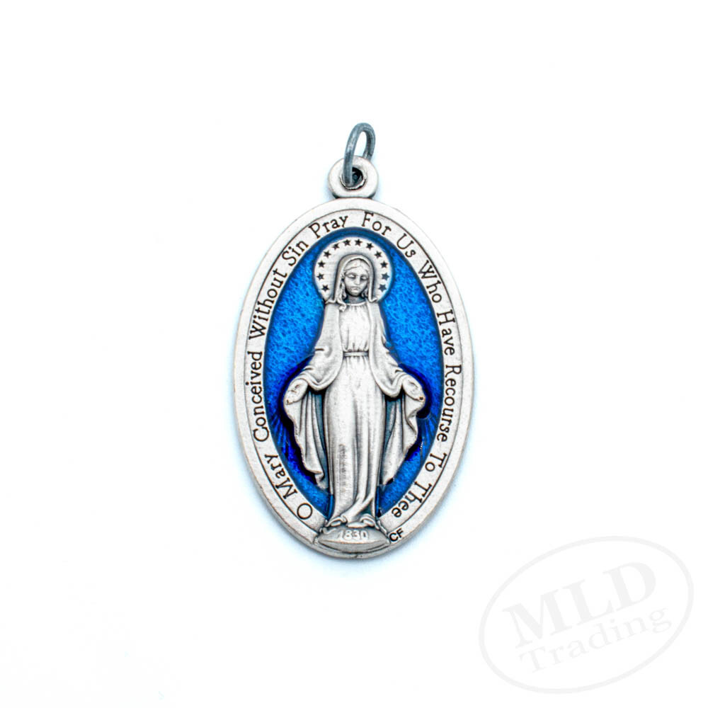 Miraculous Medal Pendant Large 1.75″ Silver Oxidized w Blue Enamel Made In Italy