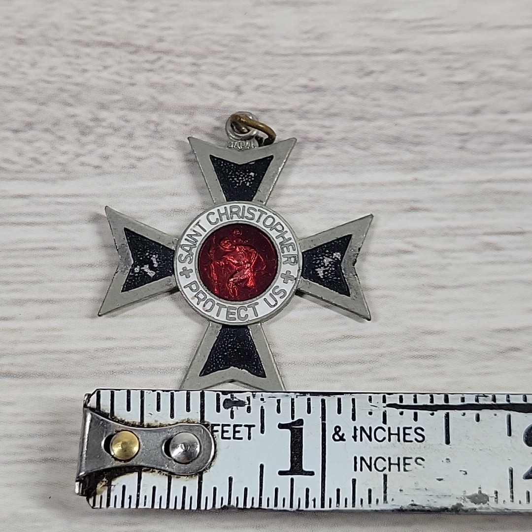 Vintage Iron Cross Red Enamel St Christopher Protect Us Surfer Medal Japan