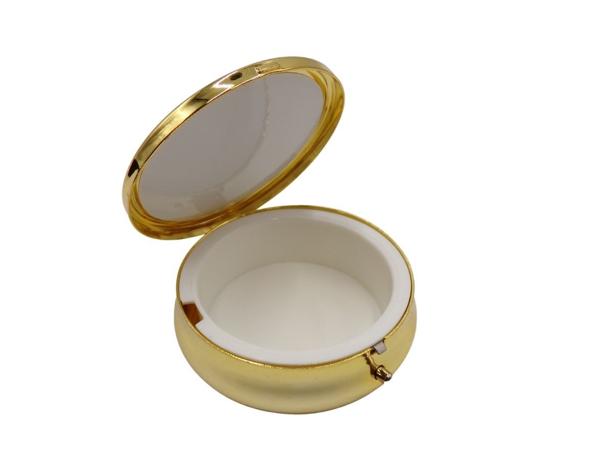 Gold Toned Come Holy Spirit Pyx with Red Enamel Design Button Clasp 2.75 Inch