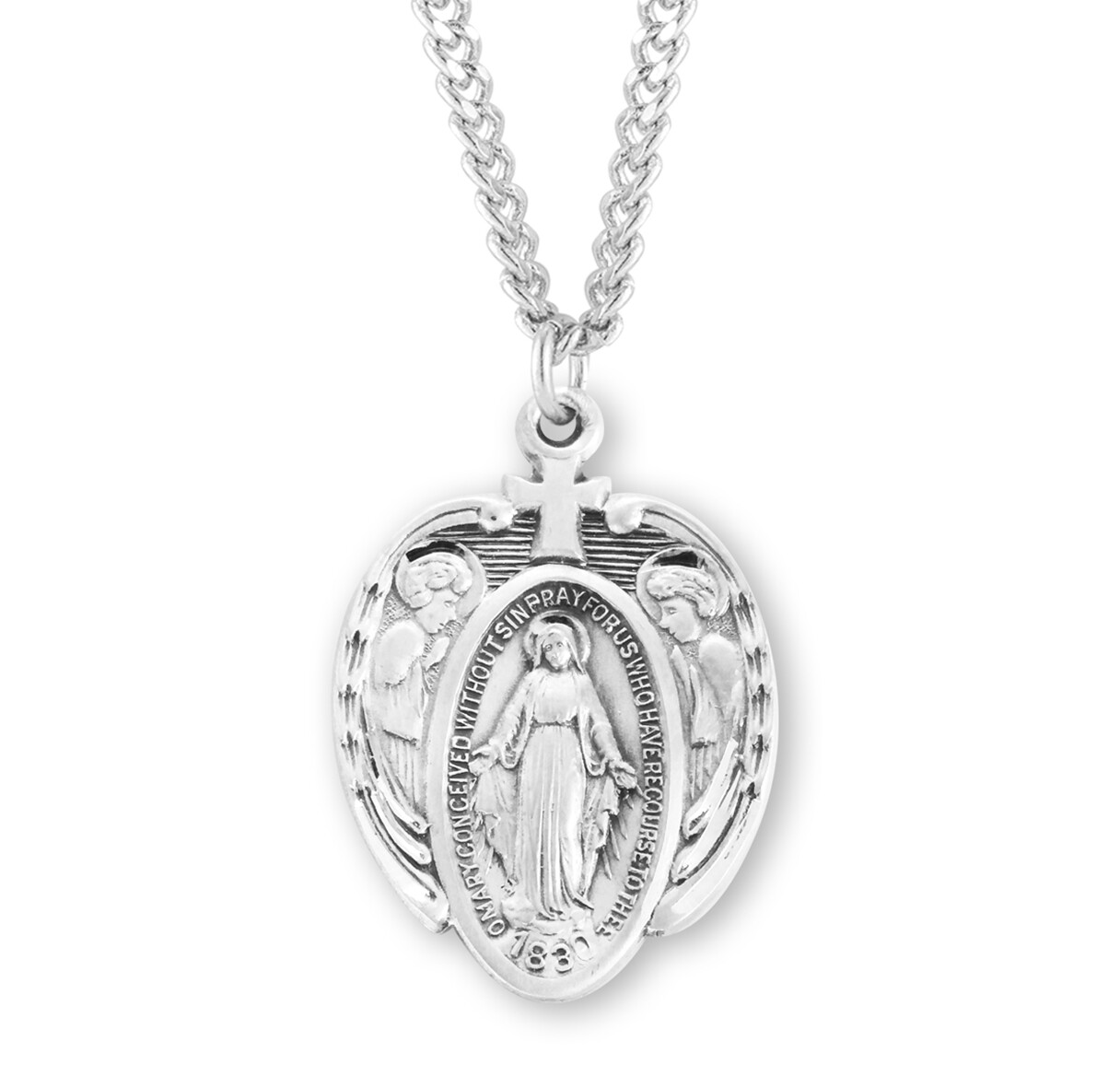 1.2 in Sterling Silver Oval Miraculous Medal + Angels + 24″ Chain – Boxed