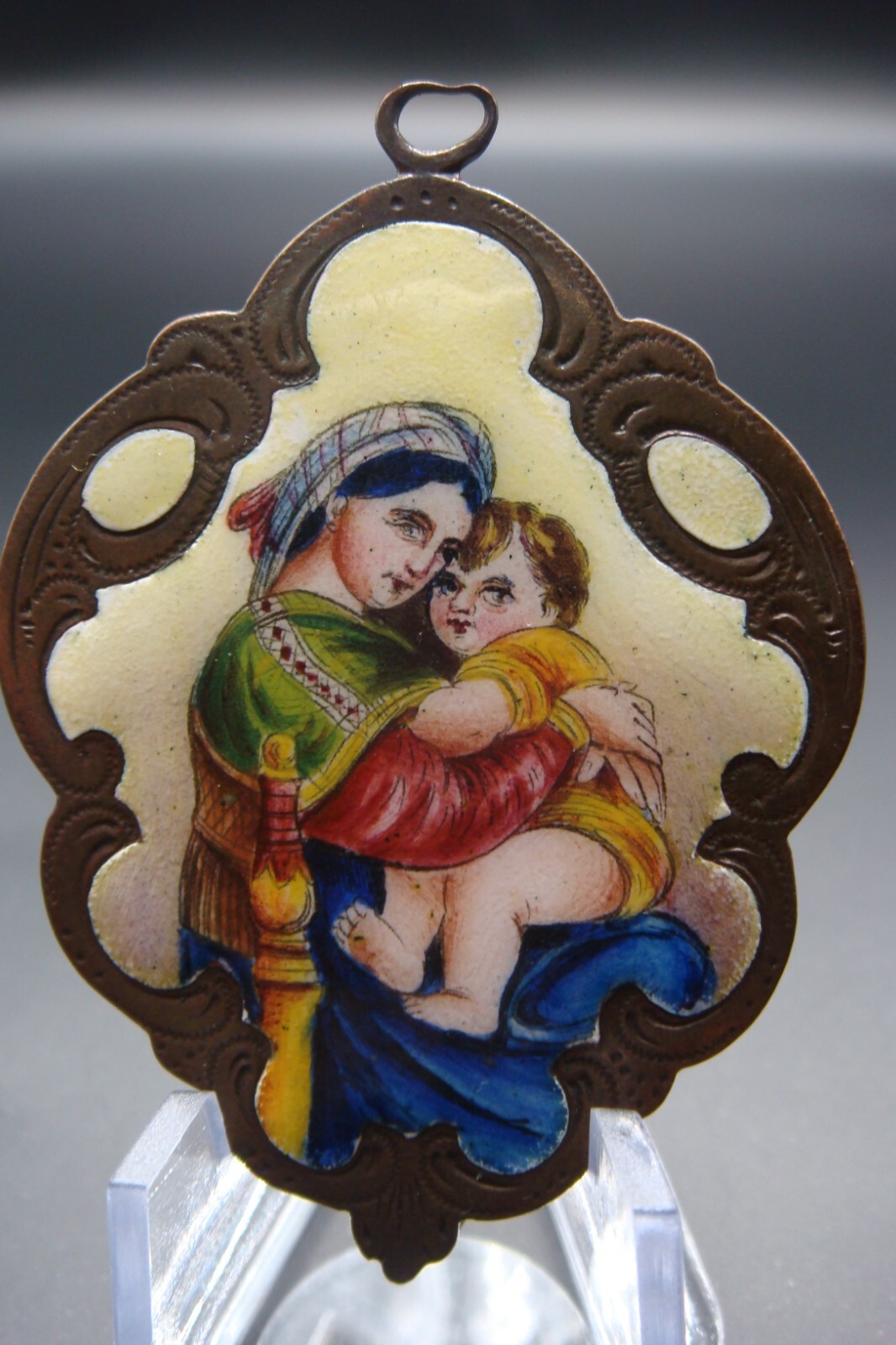 Rare Antique Virgin Mary Mater Dei Ora Pro Nobis Enamel Holy Icon Medal Pendant