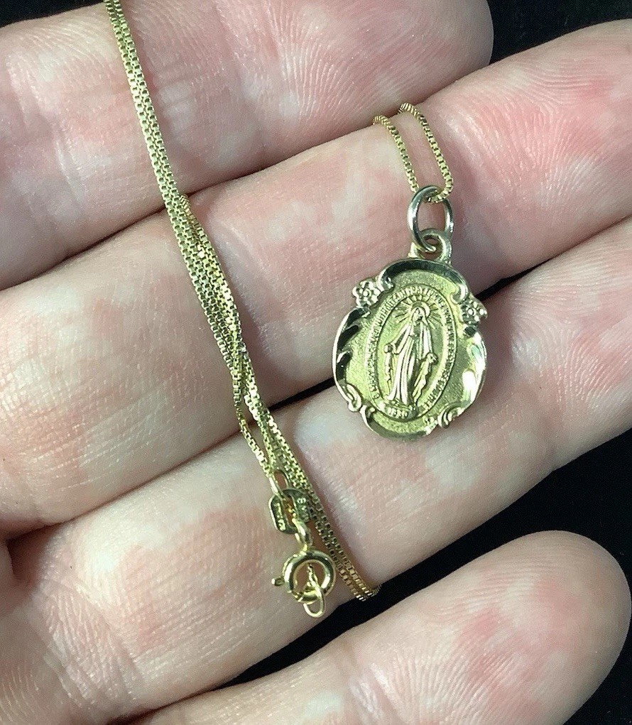Vintage Sterling Silver & Gold Virgin Mary Religious Medal Pendant &Necklace 18”