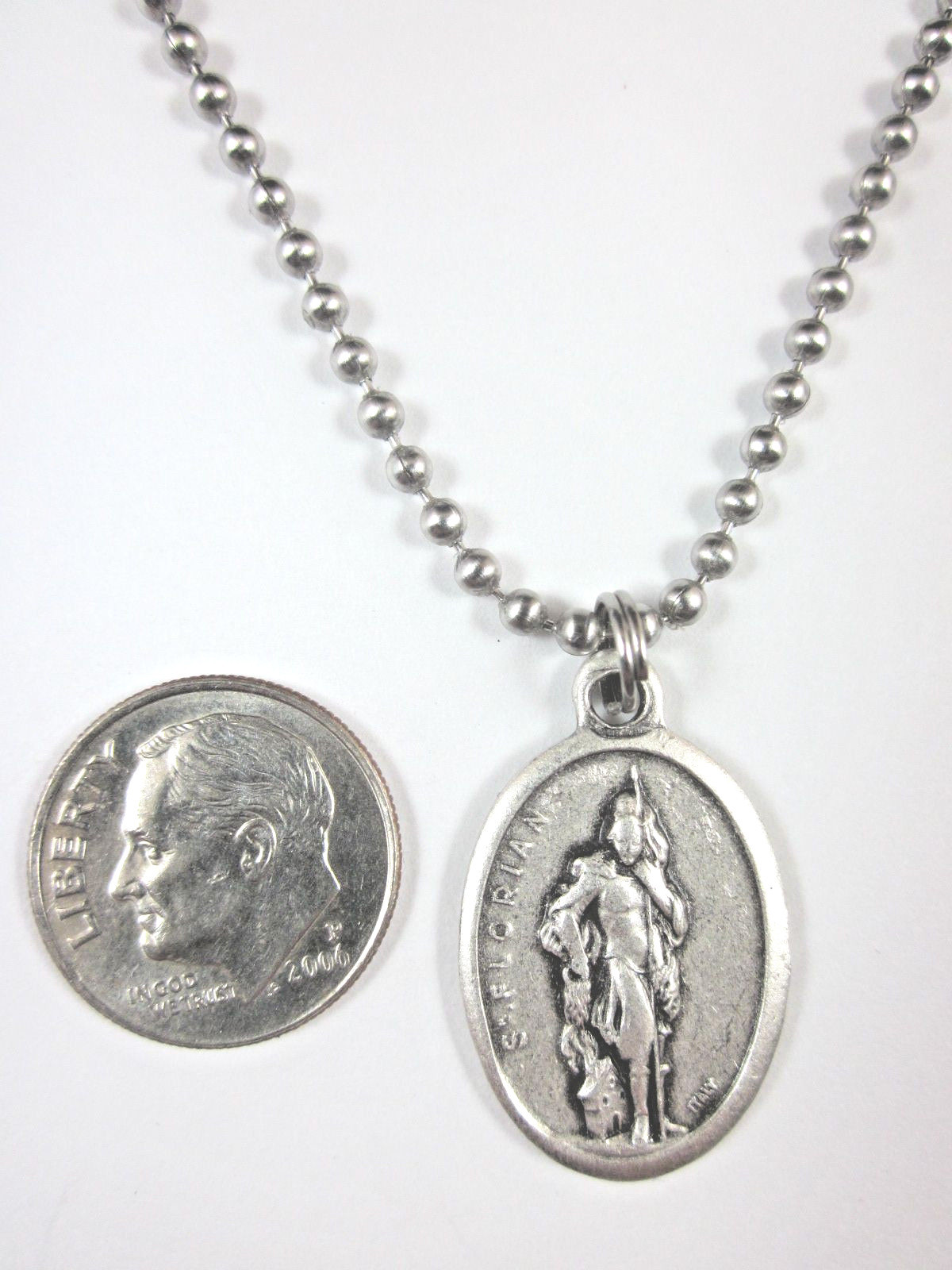St Florian Medal Italy Pendant Necklace 24″ Ball Chain Gift Box & Prayer Card