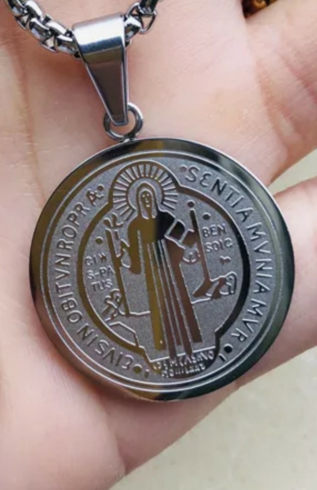 St Benedict (San Benito) Medal Stainless Steel Charm Pendant Necklace 22″ Chain