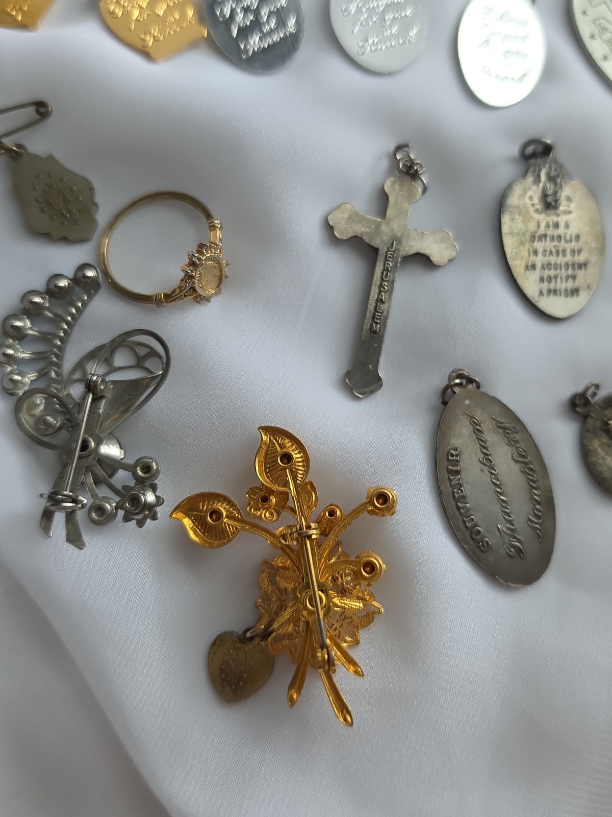 Catholic Religious Medal Lot Of 23, Ring, Brooches