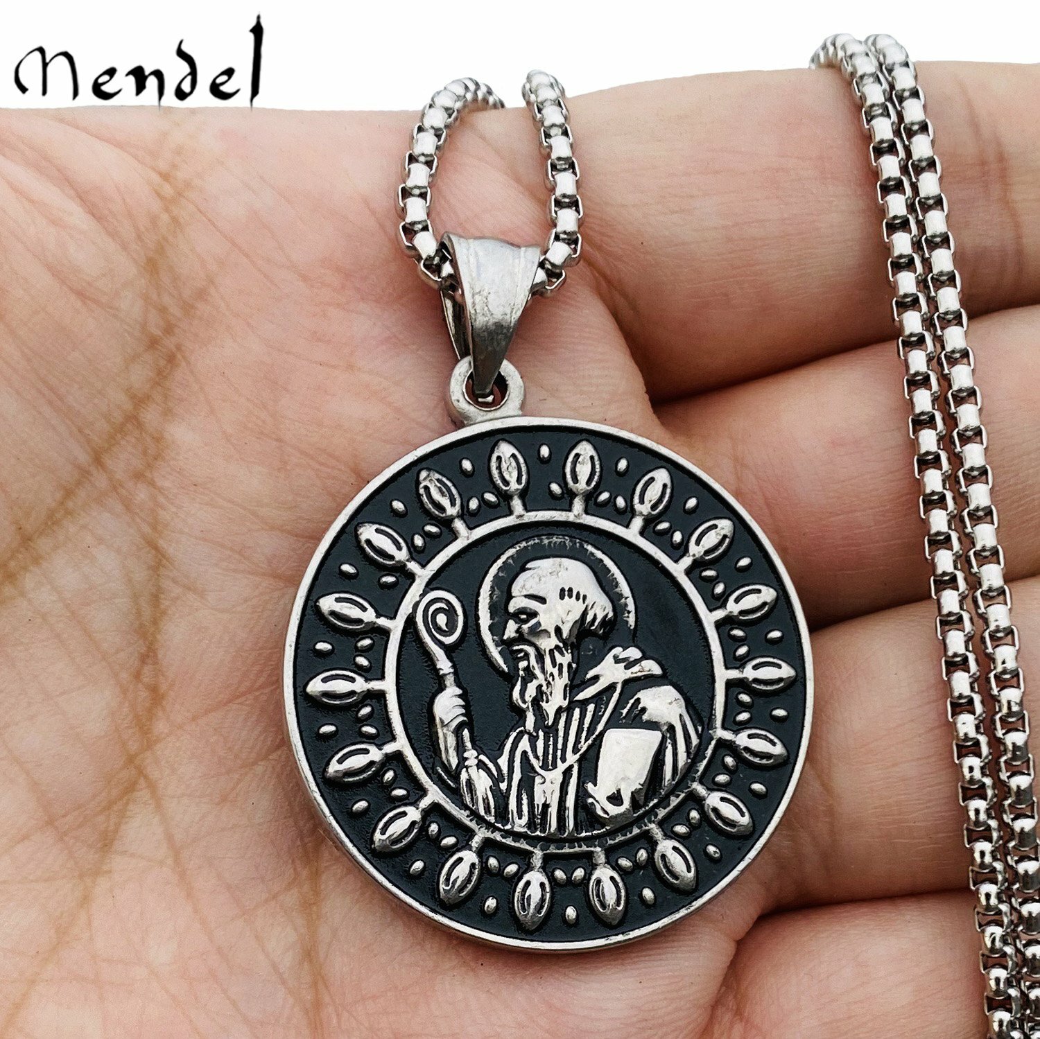 MENDEL Catholic St Saint Benedict Medal Cross Pendant Necklace Stainless Steel