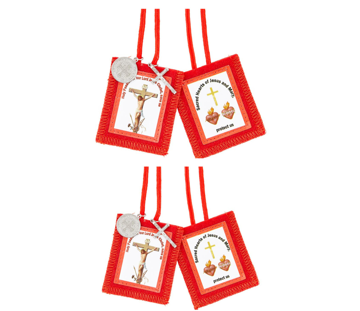 SET OF 2 Passion Red Scapulars with Medals Sacred Immaculate Hearts Catholic
