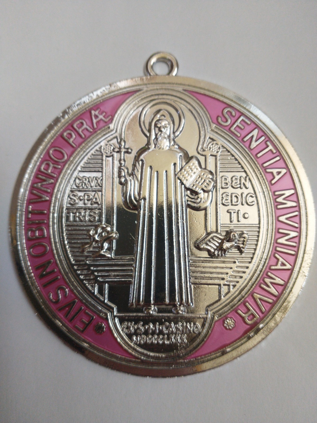 Catholic St Benedict XXL Very Large Medal Pink And Blue Color