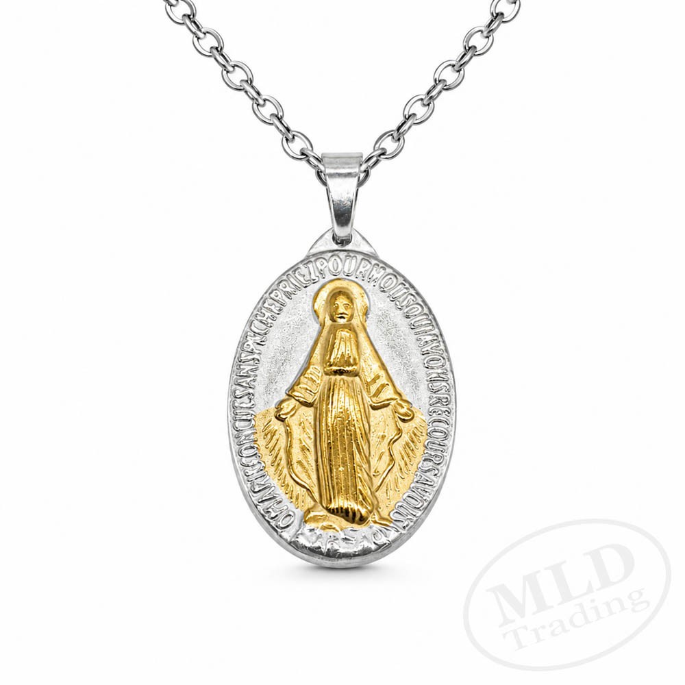 Silver & Gold Miraculous Medal Necklace – Stainless Steel Pendant 18″+2″ Chain