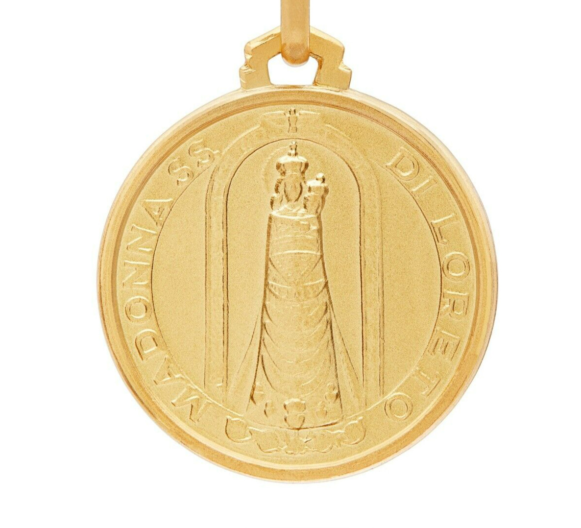 18k Yellow Gold Medal Our Lady of Loreto Pendant Religious Blessed By Pope 18mm