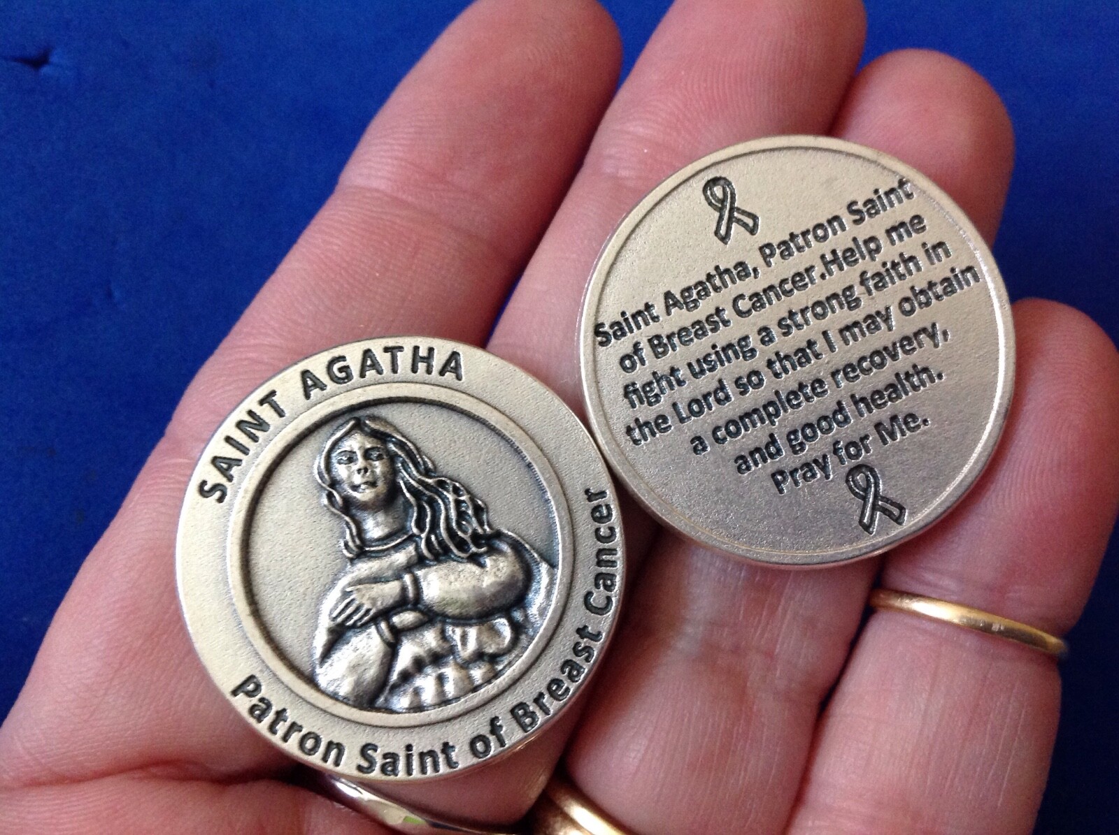 St Agatha HEALING Silver Oxidized Metal Saint Pocket TOKEN Prayer Breast Cancer