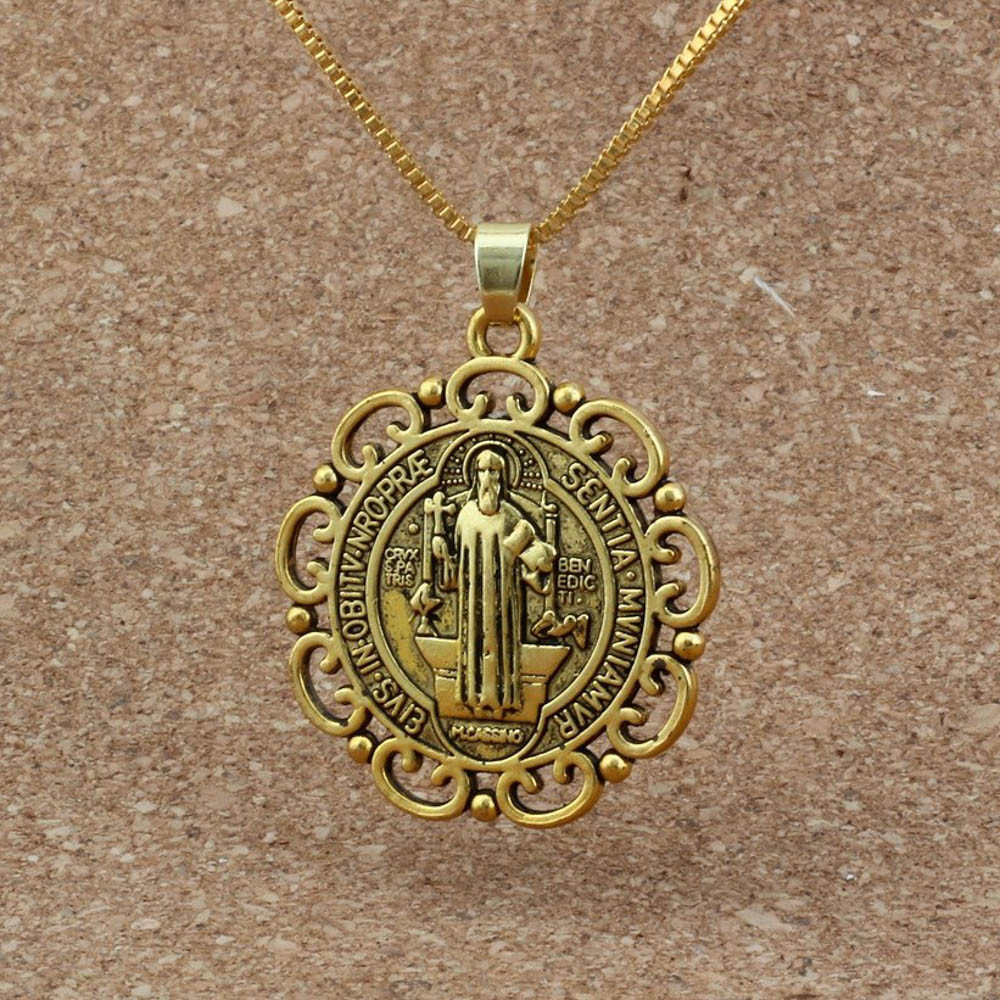 Gold Saint St Benedict Medal Filigree Border Pendant Necklace – 24″ Box Chain