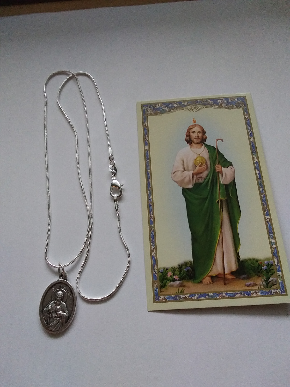 St Jude Medal Pendant 925 Sterling silver snake chain Necklace + Prayer card