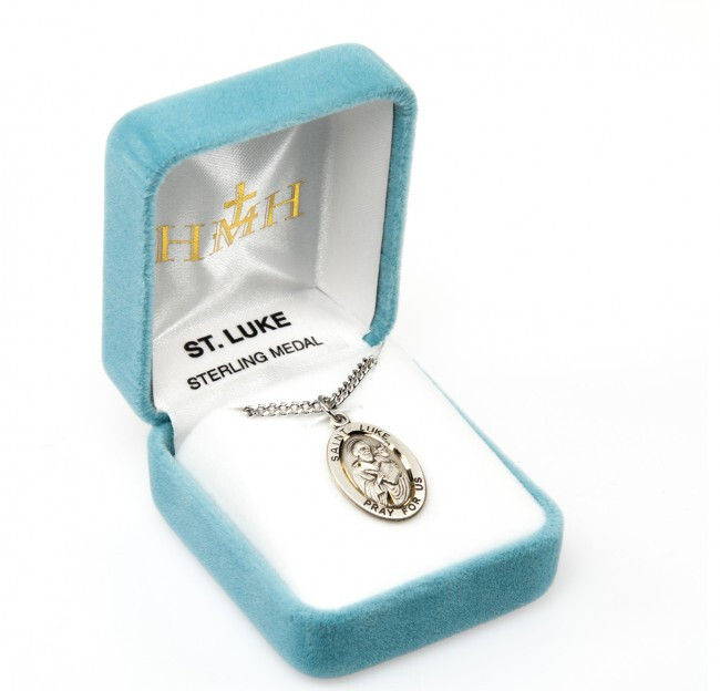 St. Luke Sterling Silver Oval 0.9″ Medal, Gift Box, 20″ Chain, US Made