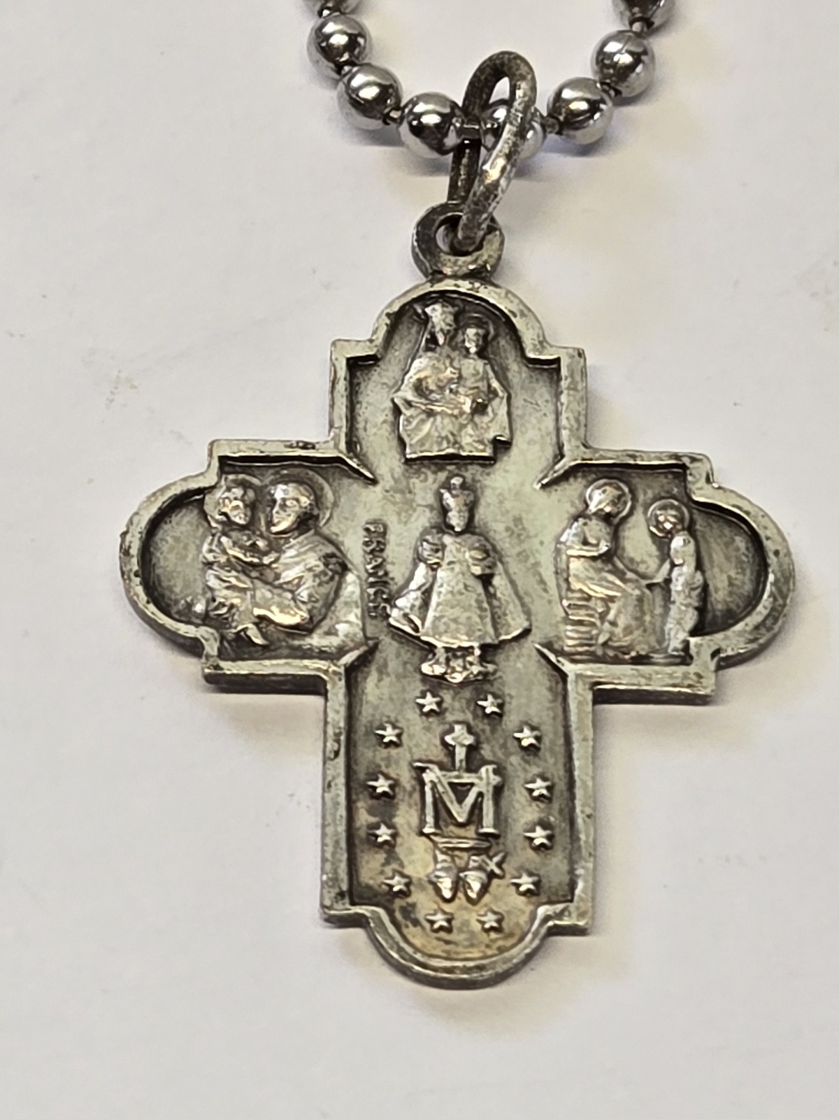 Vintage French 4 Way Silver Plated Catholic Medal on 24″ Bead Ball Chain