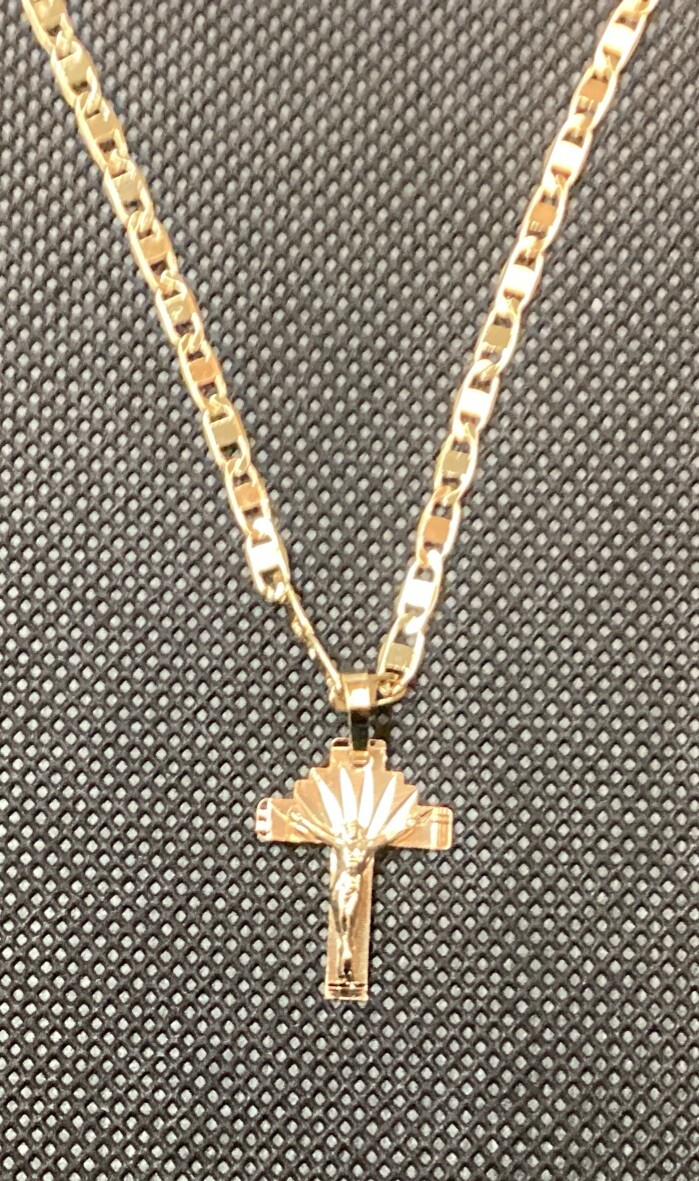 14K Gold Plated Crucifix Laser Diamond Cut Crucifijo Baño De Oro 14K Pendant Nec