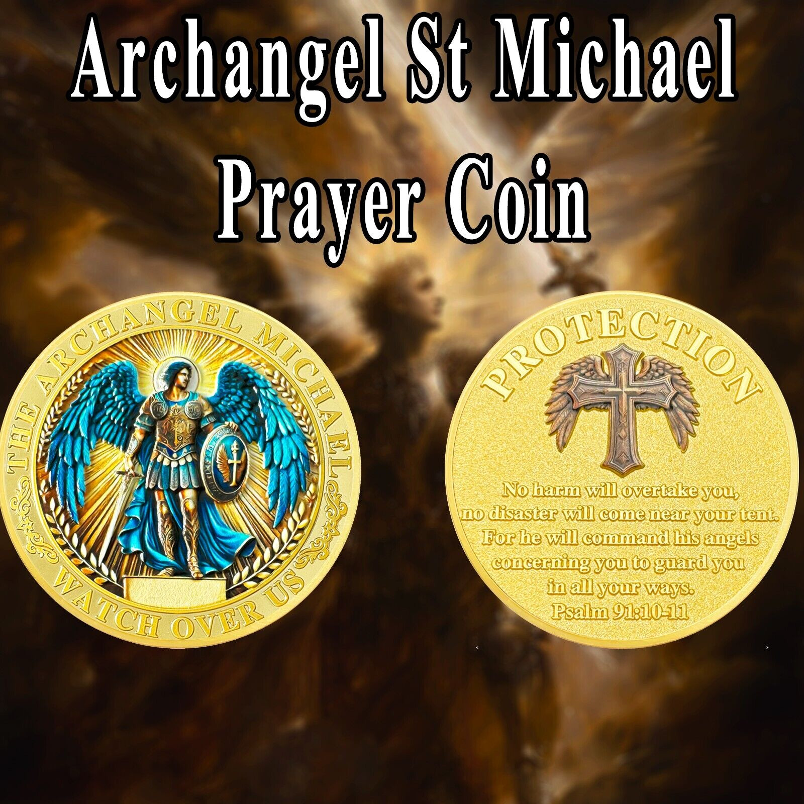 10pcs St Michael Archangel Prayer Coin Shield of Faith Psalm 91:10-11 Verse Coin