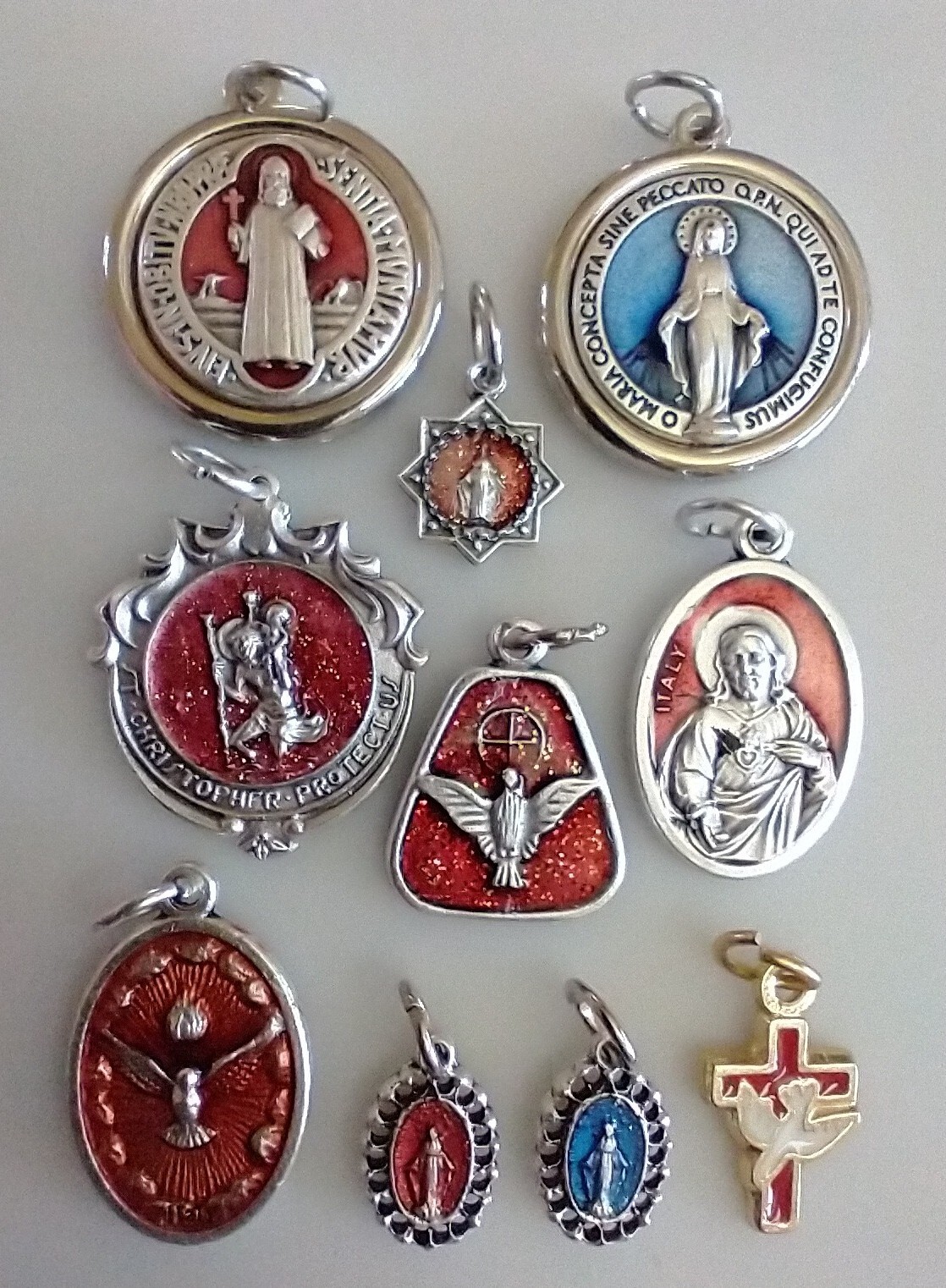 Catholic Lot Religious Medals Enamel Jesus Mary St Christopher Dove Holy Spirit