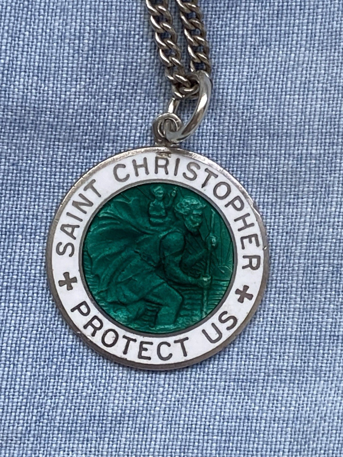 Sterling Silver And Glass Enamel Vintage Saint Christopher Pendant – RARE 1 Inch