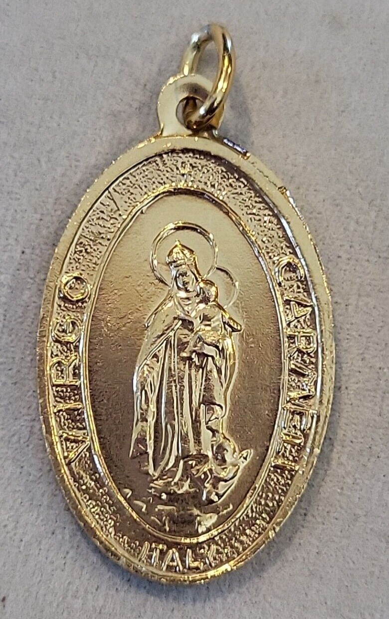 ITALY Catholic Gold Plated Medal Virgin of Carmel Sacred Heart of Jesus