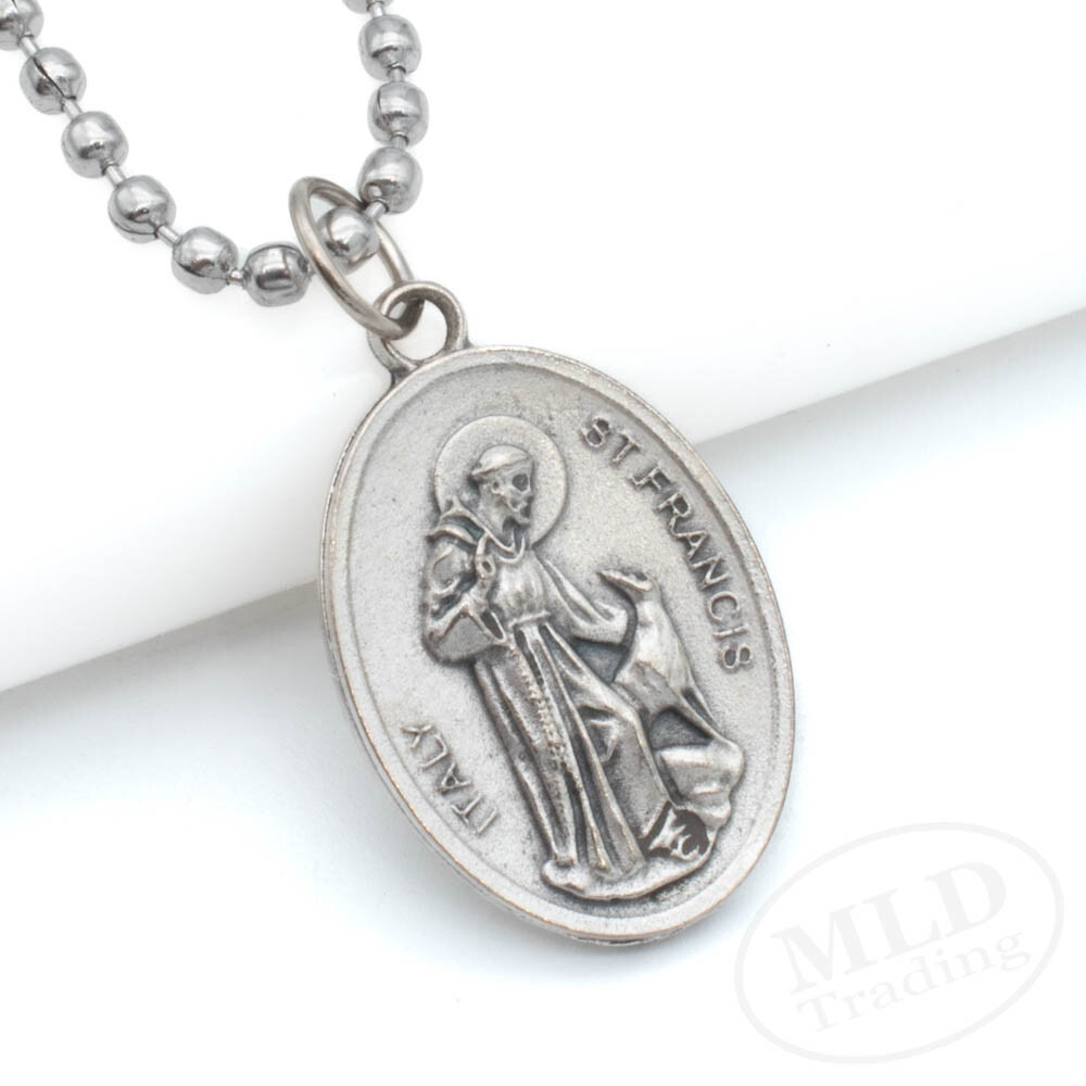Italian Made Oval Saint Francis Medal Necklace – Zinc Alloy, Silver, 24″ Chain