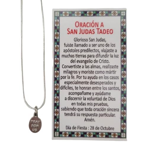 Saint Jude Medal Necklace, Sterling Silver Plated + Spanish Prayer Card St. Jude