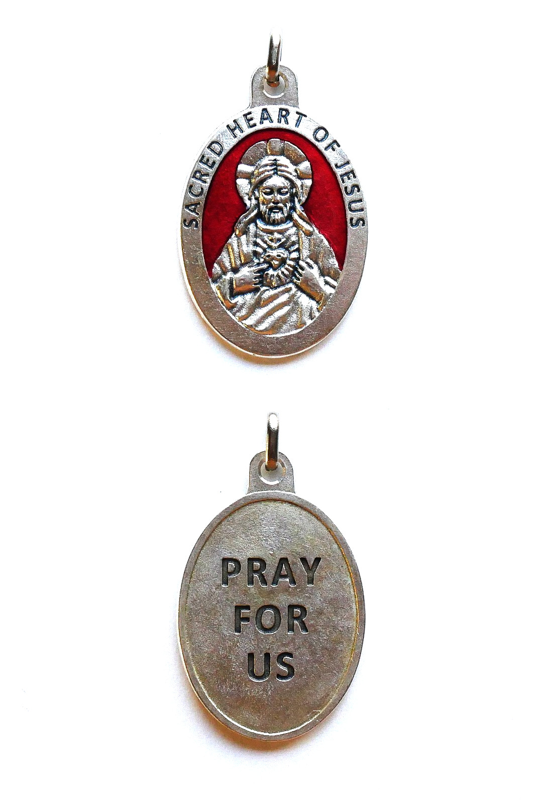 Sacred Heart of Jesus 7/8″ x 5/8″ Silver Tone / Red Medal +FREE Cord – (Italy) –