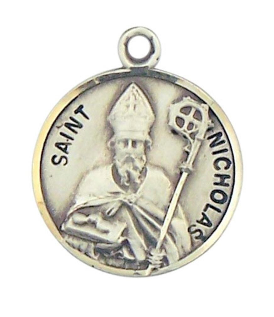 Patron Saint St Nicholas 7/8 Inch Sterling Silver Medal on Rhodium Plated Chain