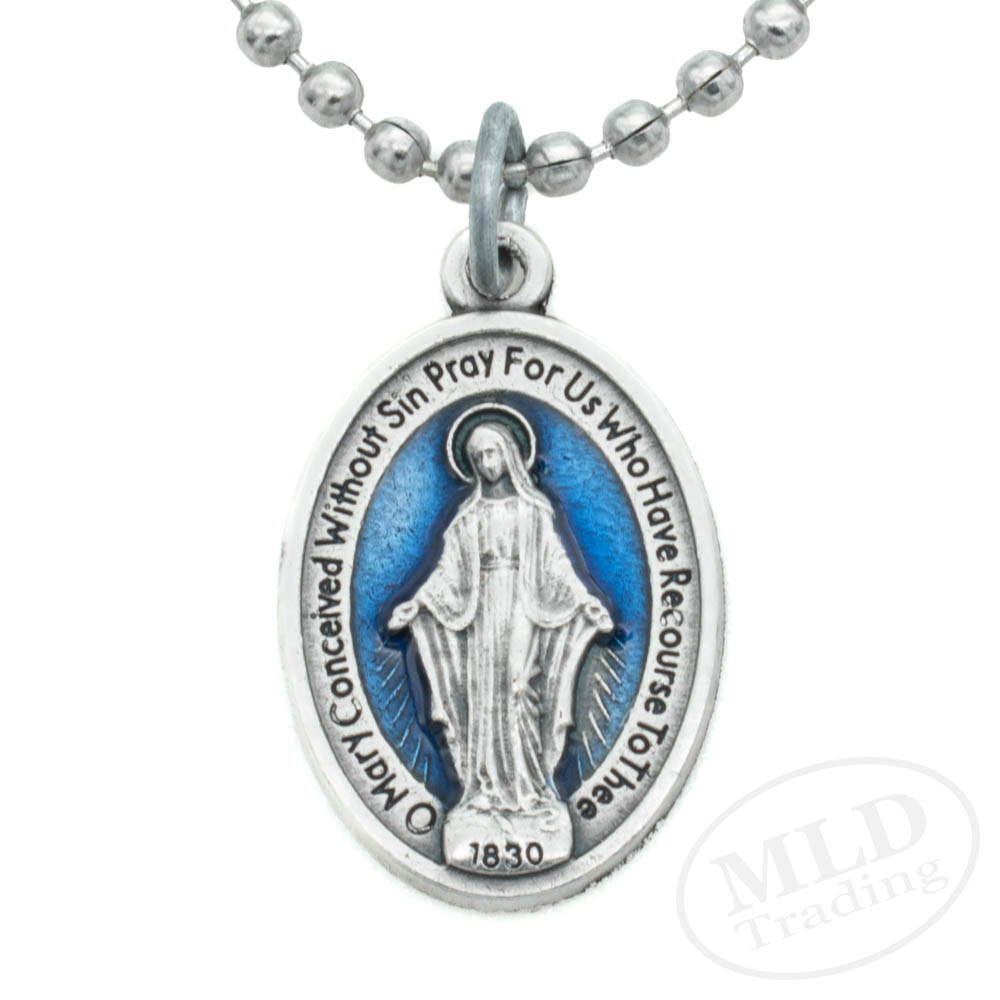 Blue Miraculous Medal Virgin Mary 1″ Pendant Necklace Italy w 24″ Ball Chain