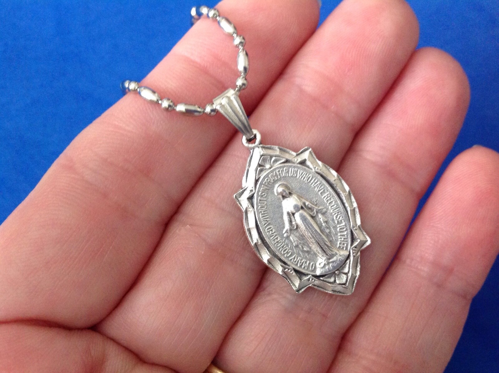 Our Lady of Grace Saint Medal NECKLACE Miraculous, Stainless Steel Chain 18″