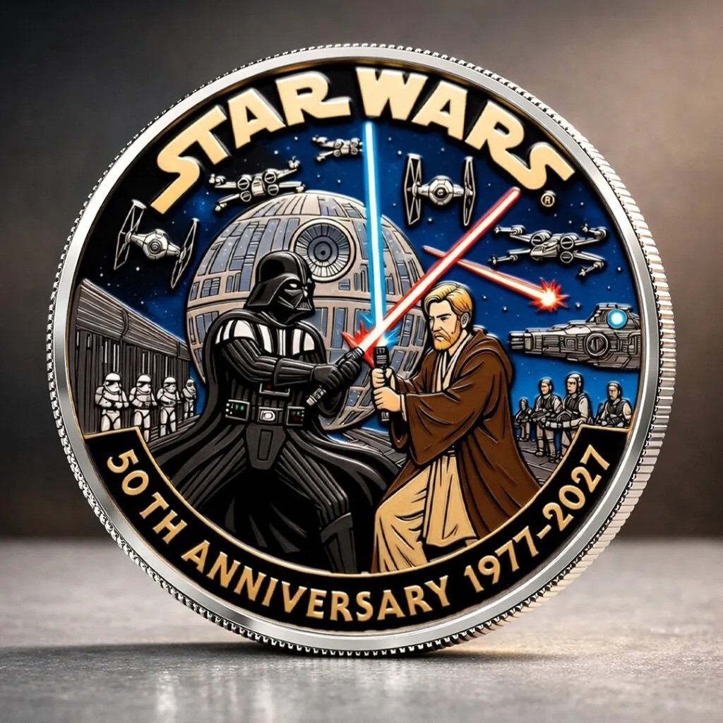 Star Wars 50th Anniversary Coin Darth Vader vs Obi-Wan Kenobi Death Star 1977