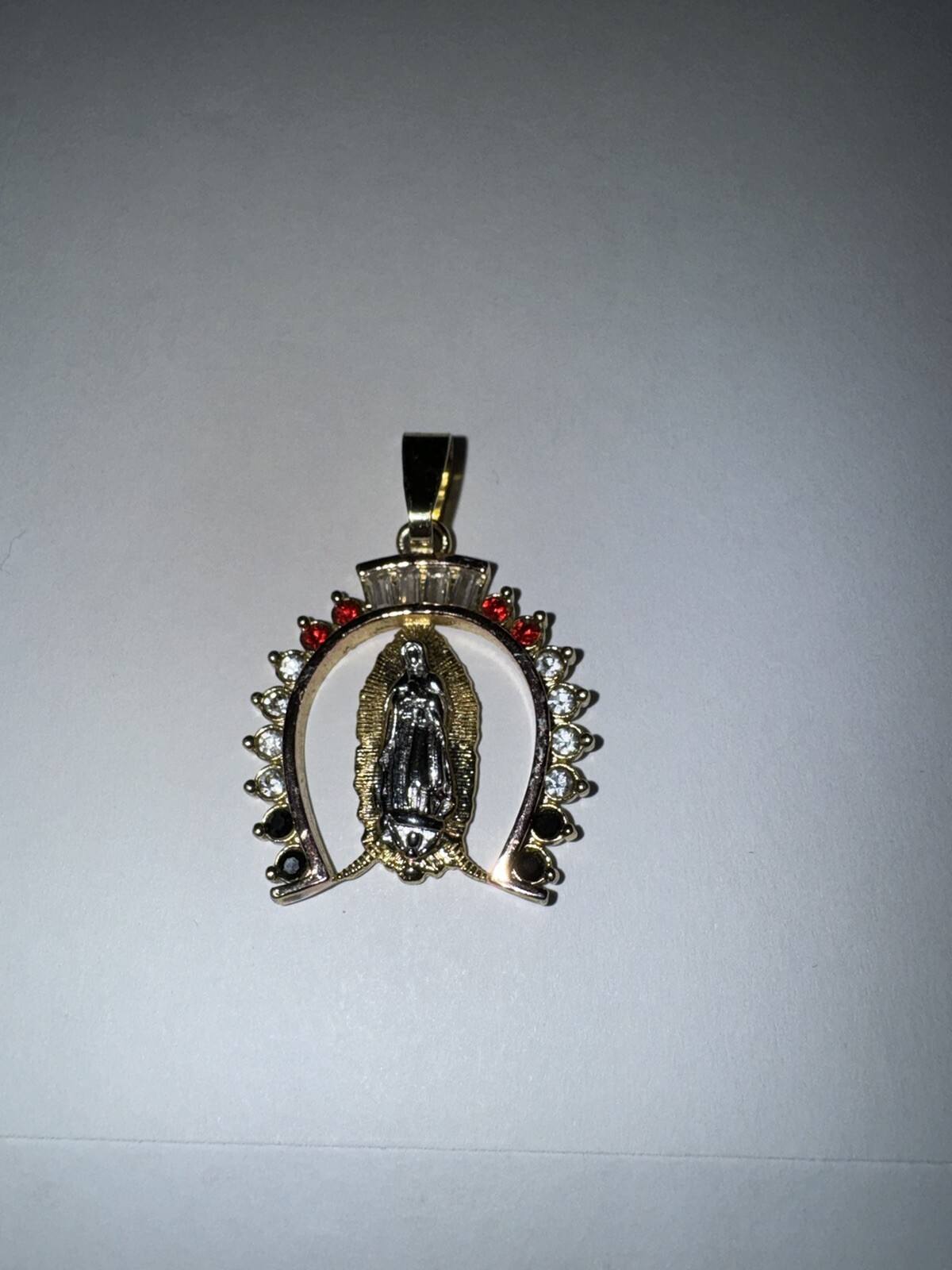 Gold Tone Horse Shoe With Lady of Guadalupe Virgin Mary Catholic Medal Pendant