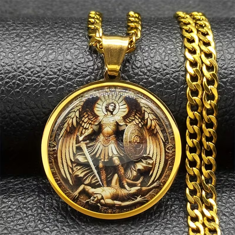 Saint Michael Archangel glass pendant necklace with Black velvet gift bag