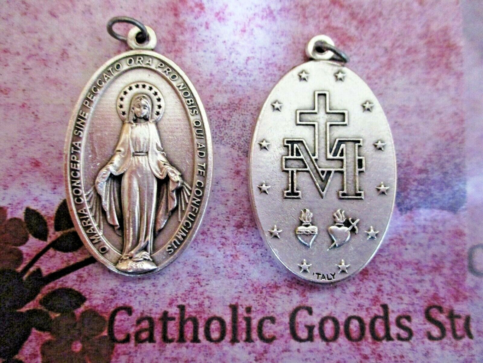 X- Large Miraculous Medal – Latin – 1 3/4″ Oxidized Italian Silver Cast Medal