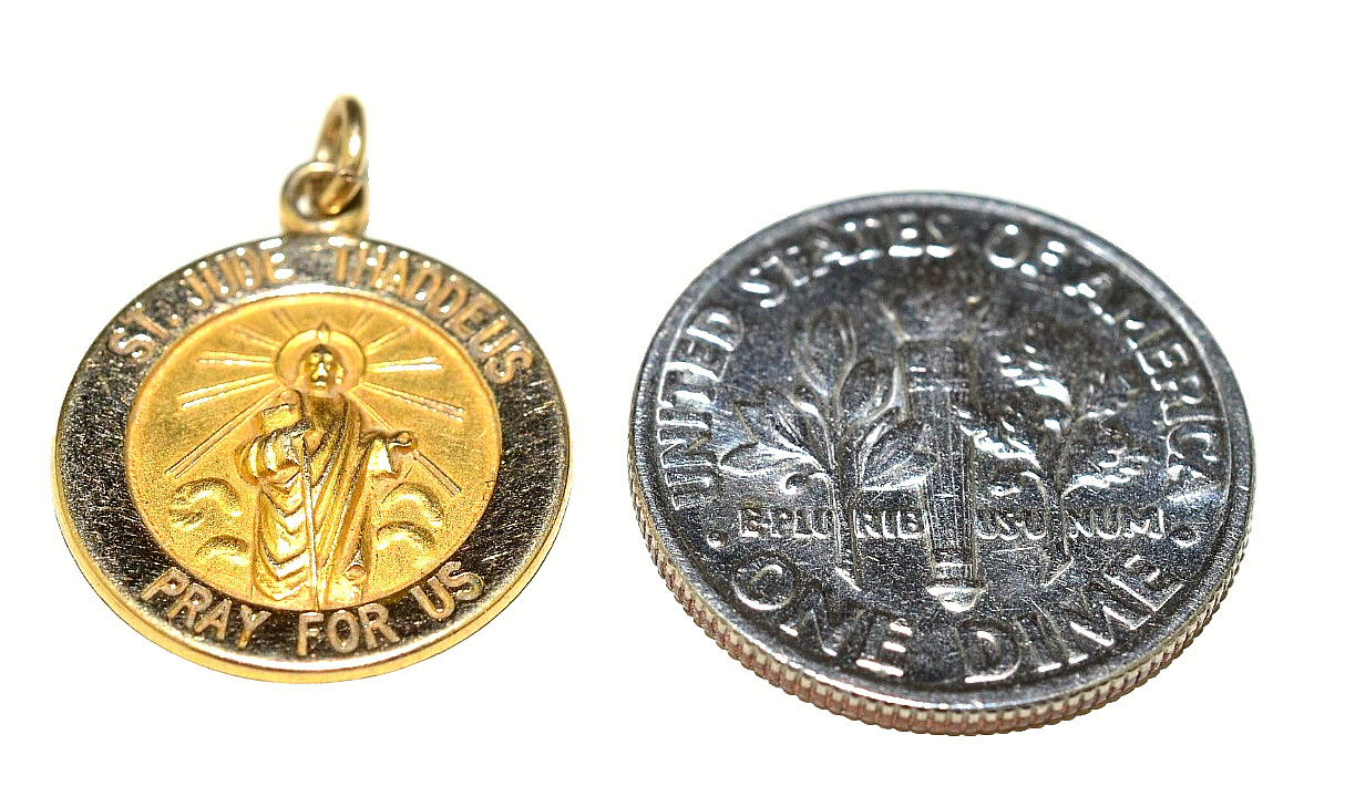 VINTAGE 14K YELLOW GOLD SMALL ROUND DISK CHARM OR PENDANT ST JUDE THADDEUS MEDAL