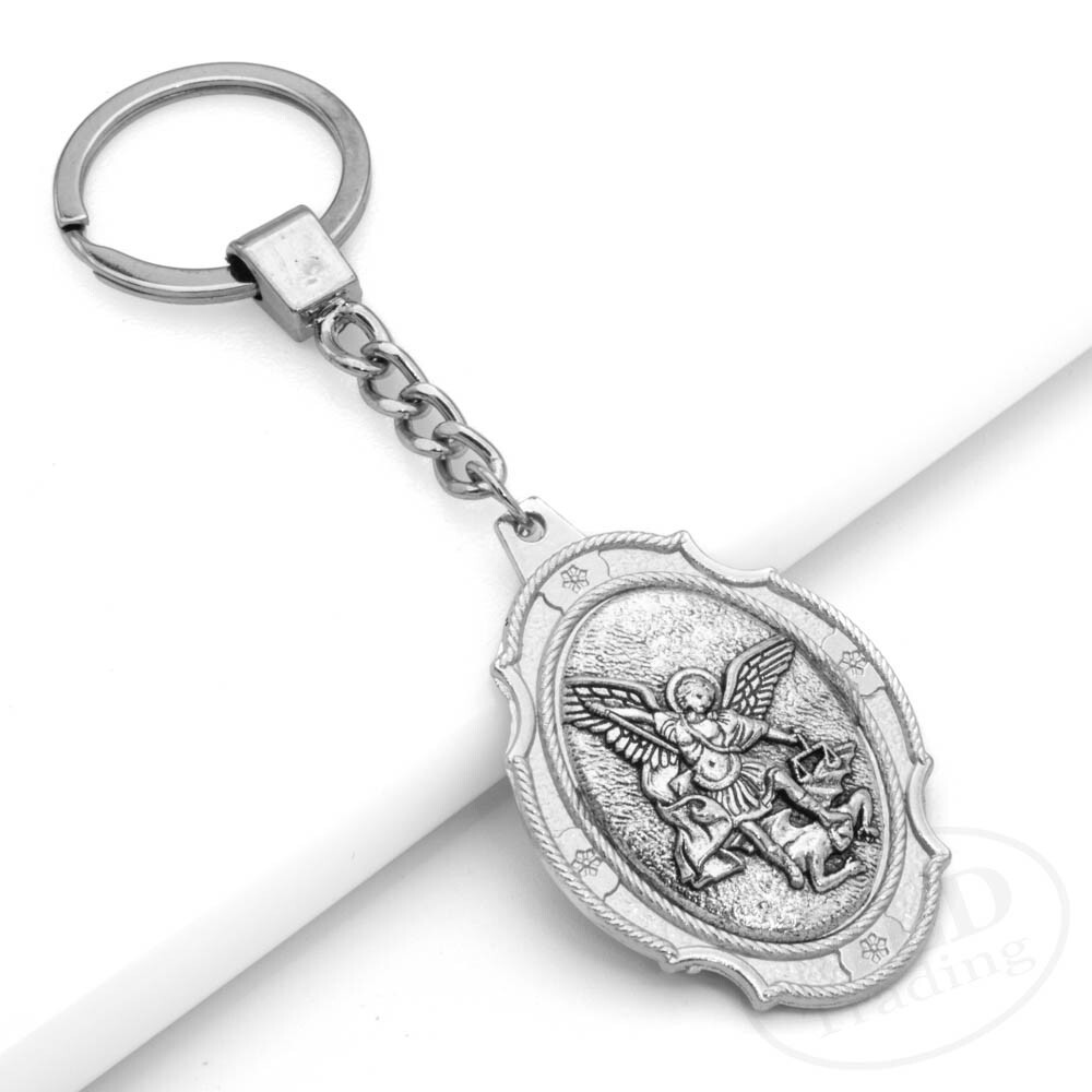 St Michael Medal Keychain Large Silver Pendant Zinc Alloy Religious Key Ring