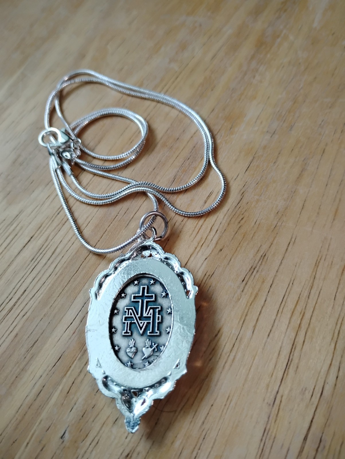 Silver Blue enamel Miraculous Medal Pendant necklace 925 sterling chain OOAK