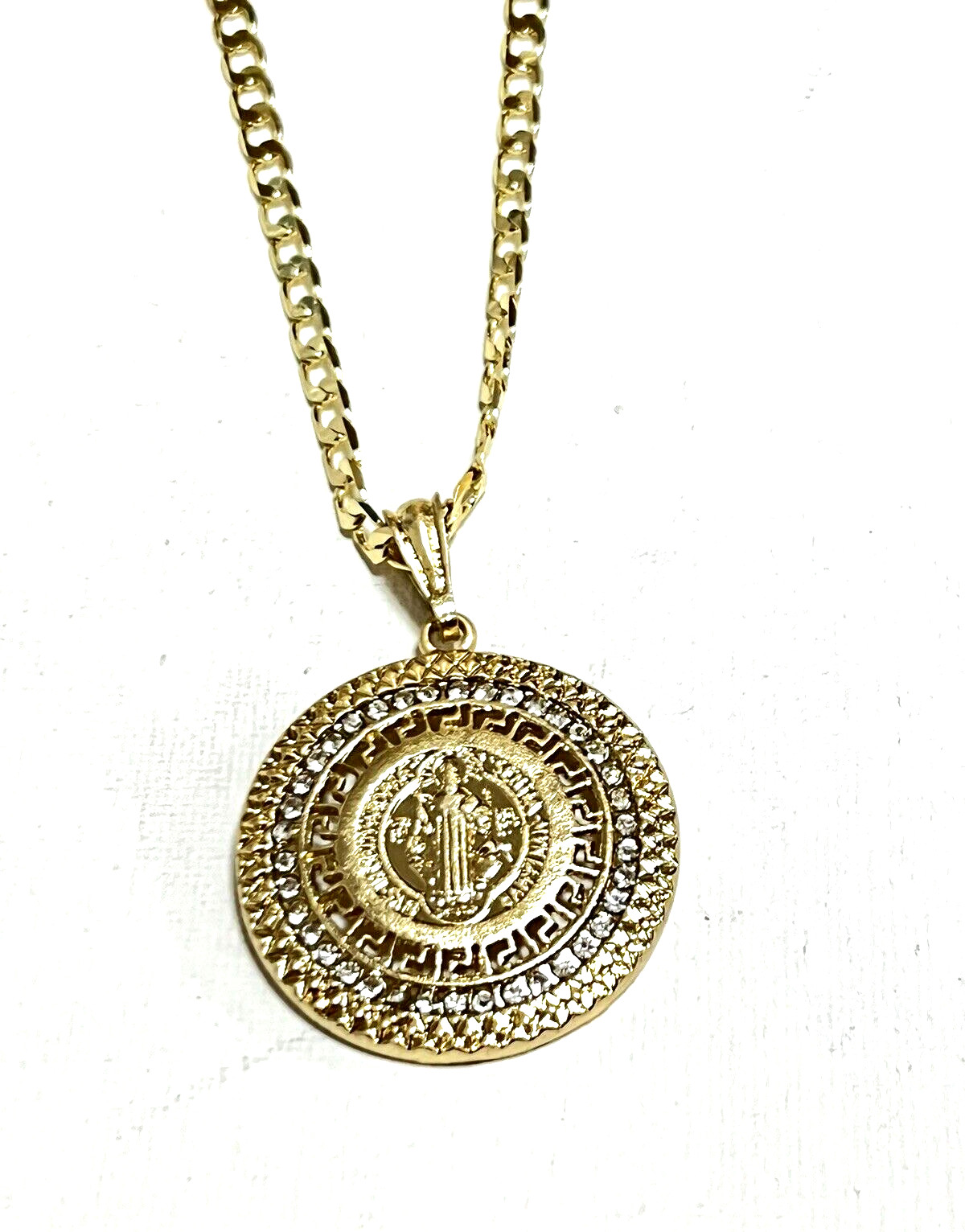14K Gold Plated St.Benedict Pendant w Cuban 20″ chain Medalla Oro laminado