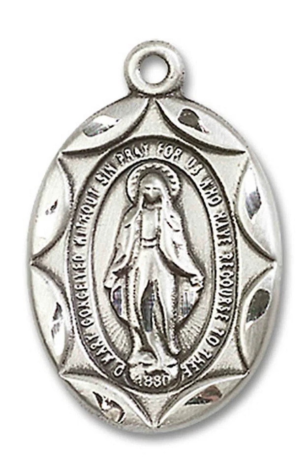 Sterling Silver Catholic Miraculous Mary Medal Oval Pendant Necklace 24″ GiftBox