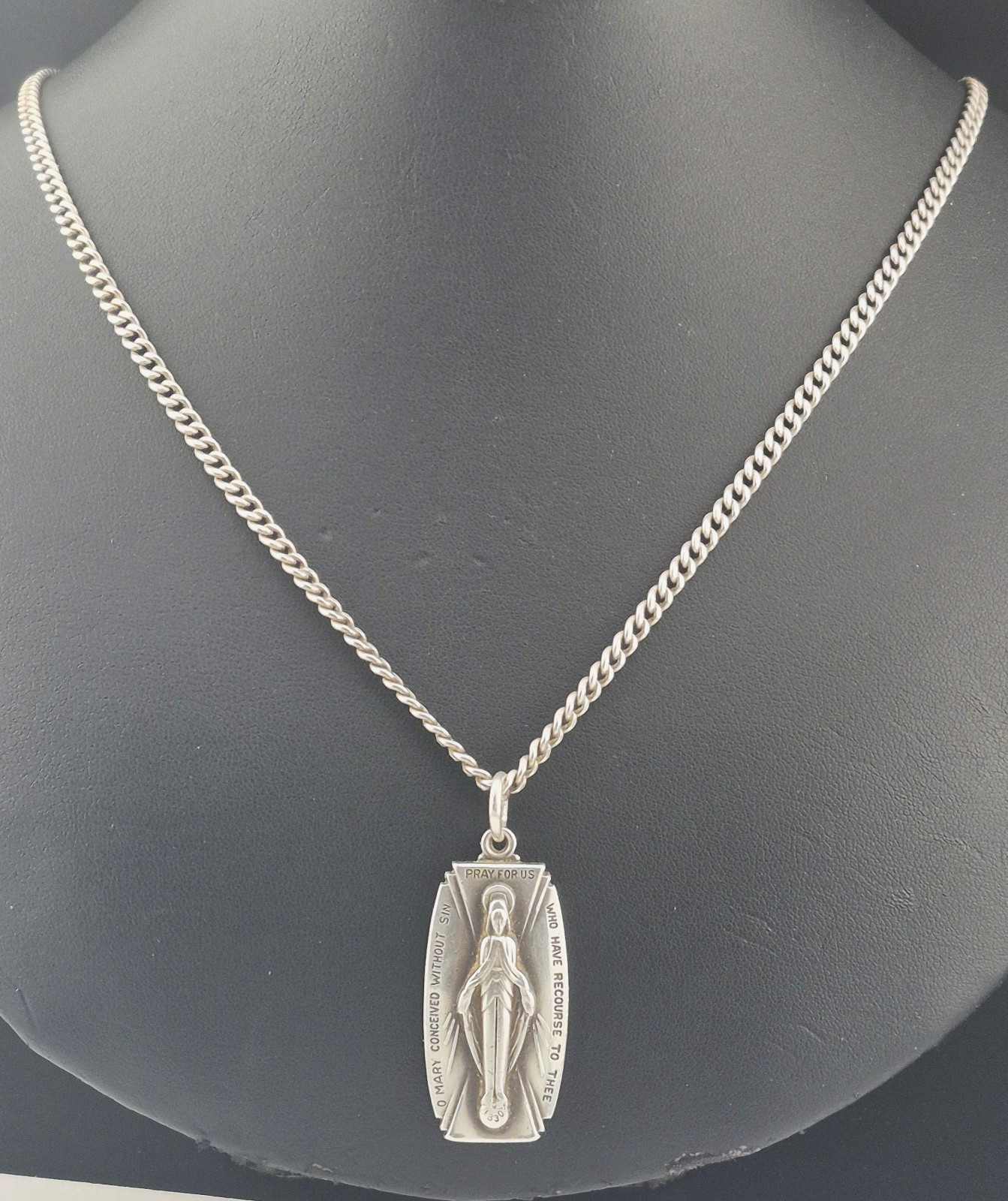 Vintage Holy Mary Creed Sterling Silver Charm Medal Pendant 25″ Chain Necklace