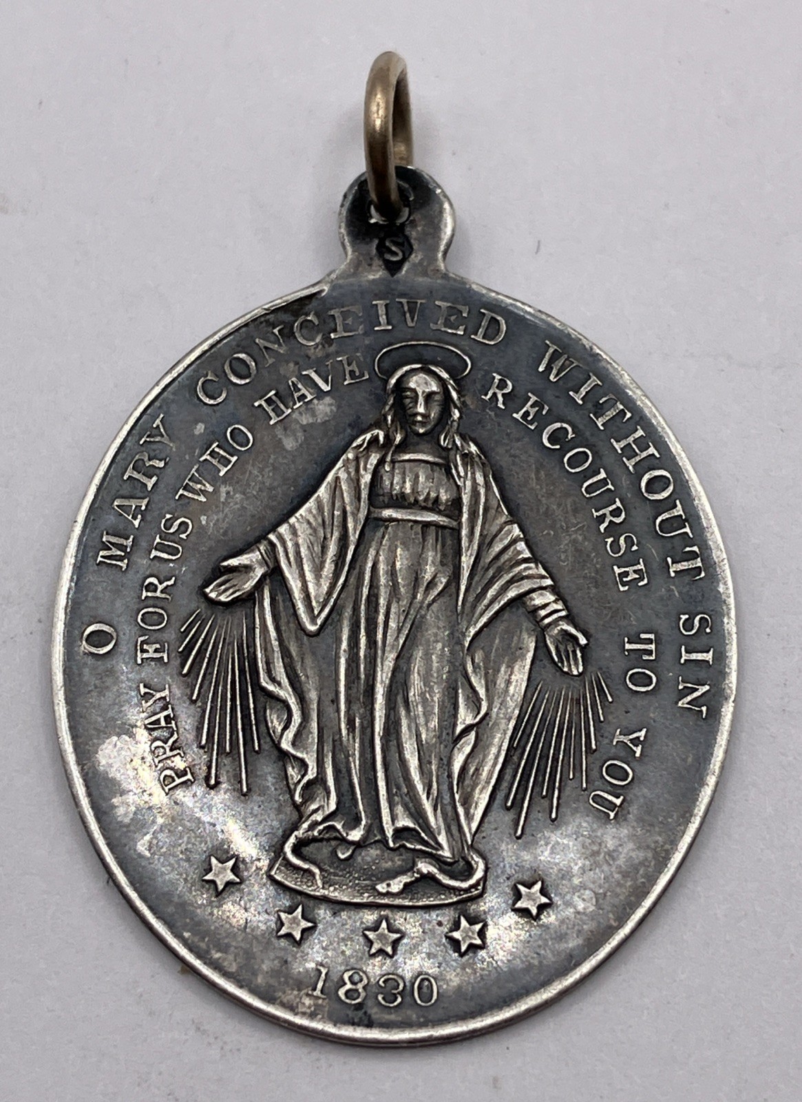 Antique 1830 Catholic Miraculous Mary Sterling Silver Medal Pendant No Monogram