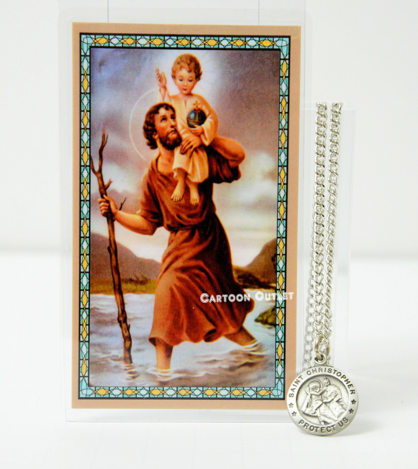 St. Christopher Medal Necklace w/ Laminated Prayer Card Protection San Cristobal