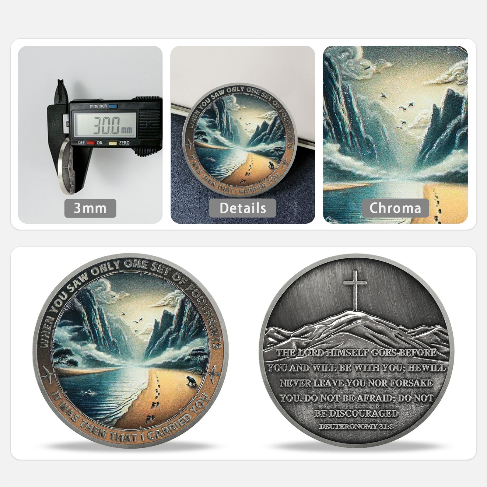5pcs Christian Challenge Coin Footprints In The Sand Deuteronomy 31:8 Verse Coin