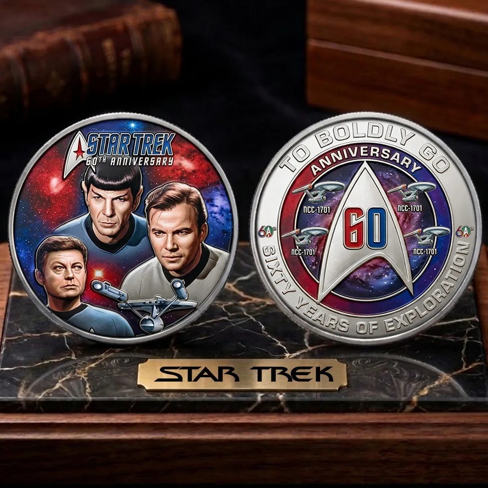 Star Trek 60th Anniversary Coin 2026 Kirk Spock McCoy Gold Challenge Coin