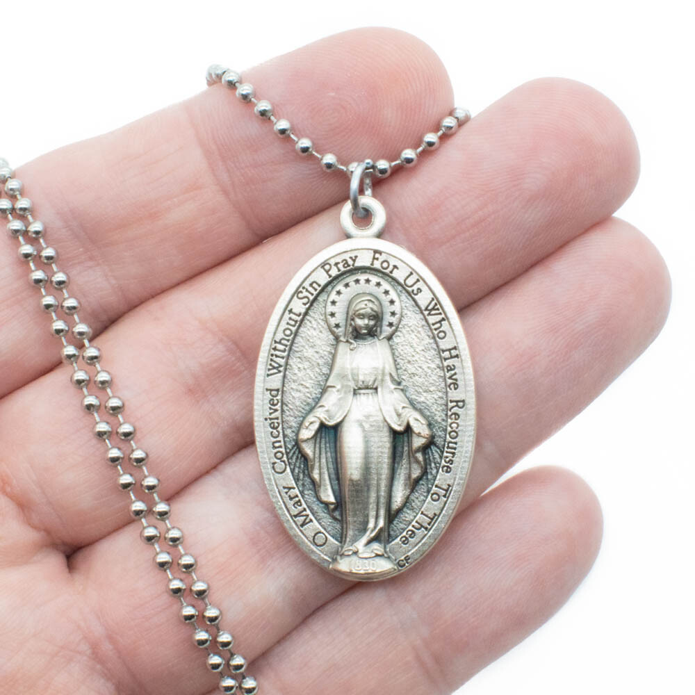 Extra Large 1-3/4″ Miraculous Medal Virgin Mary Pendant Necklace Italy 24″ Chain
