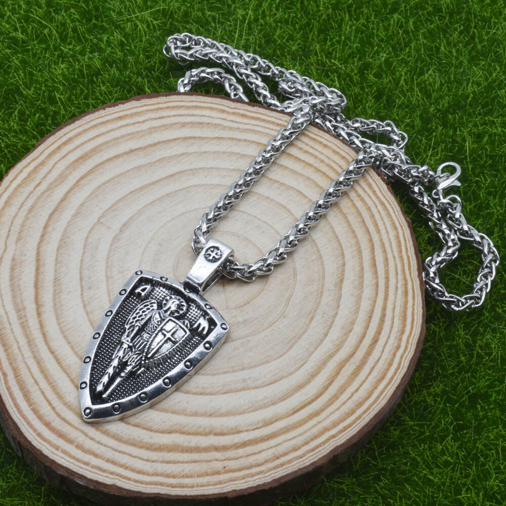 Archangel Saint St Michael Medal Cross Shield Pendant Necklace w 24″ Spiga Chain