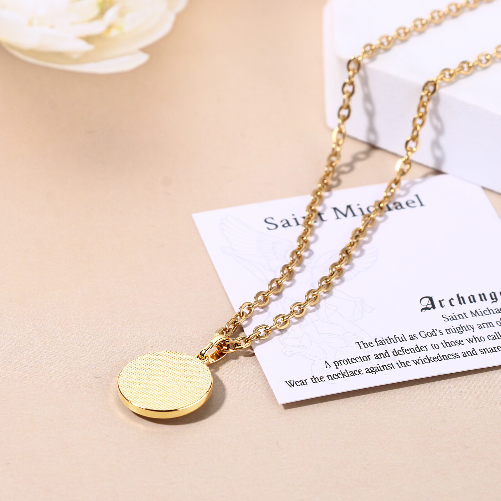 Women Gold Plated Catholic Saint St Michael Medal w Shell Inlaid Charm Necklace