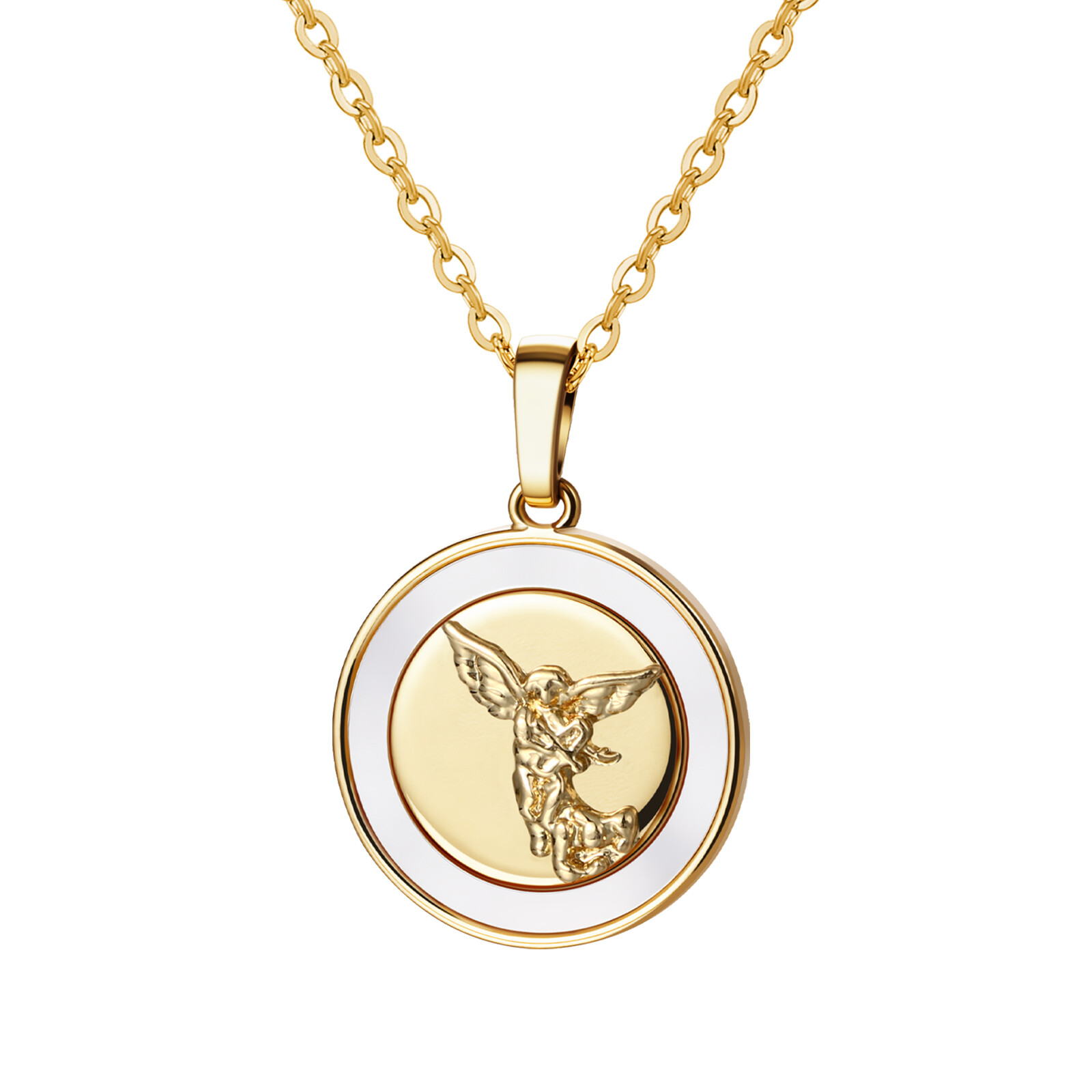 Women Gold Plated Catholic Saint St Michael Medal w Shell Inlaid Charm Necklace