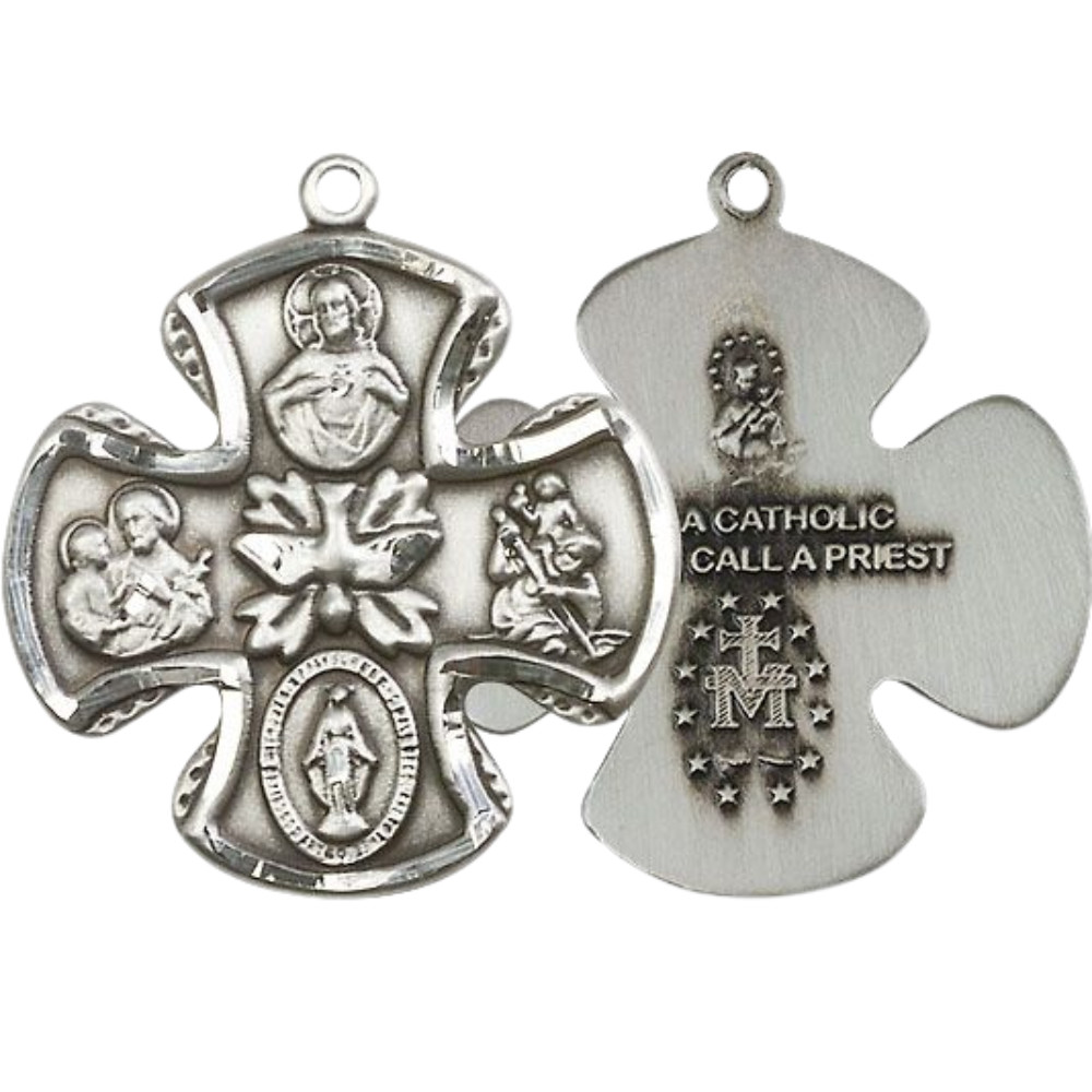 Pewter 5-Way Christian Catholic Medal Pendant Necklace 24″ Chain GiftBox