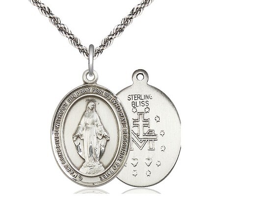Miraculous Medal Pendant 1″ High Sterling on a 20” Sterling French Rope Chain